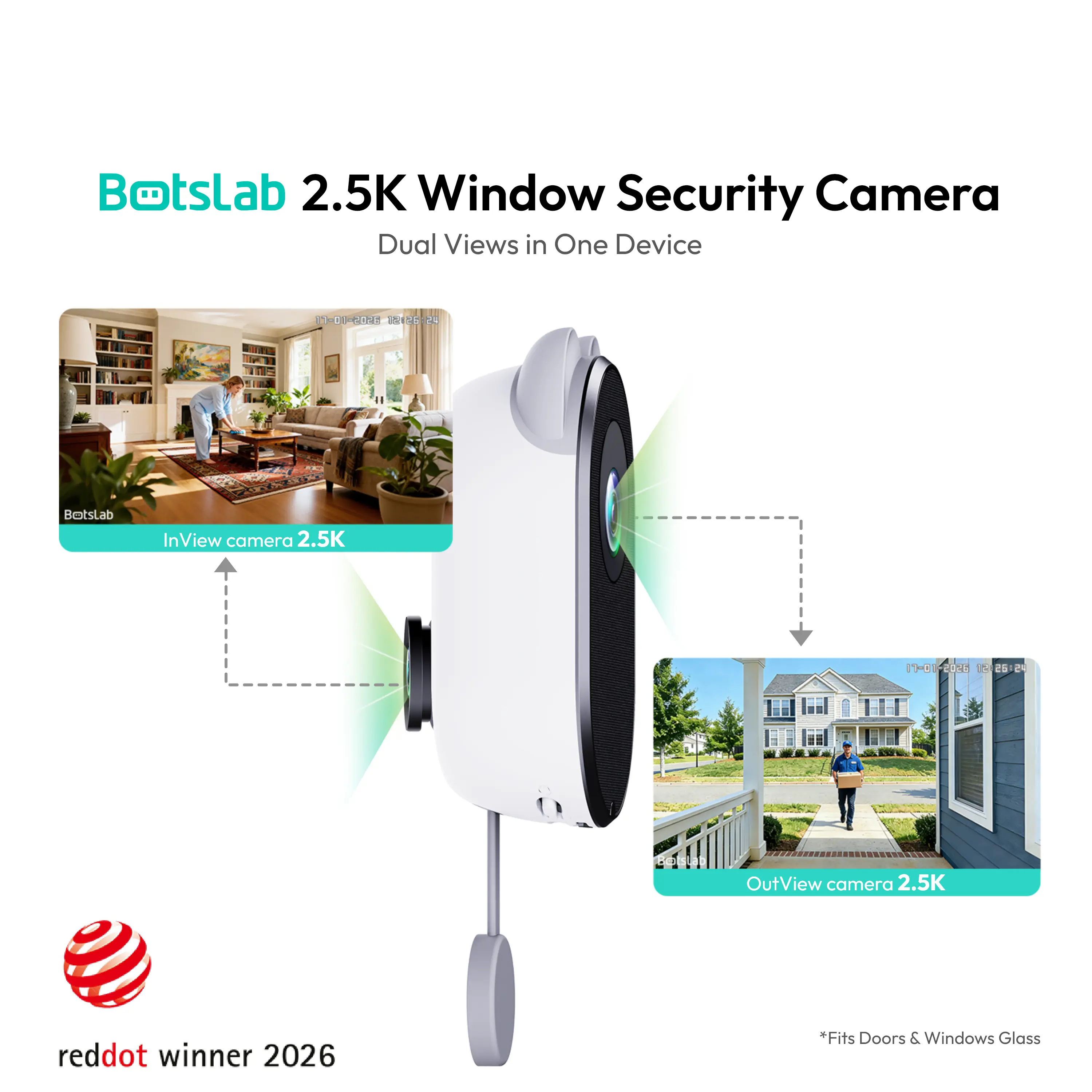 BOTSLAB 4MP Dual-Lens Wireless Home Security Camera - No-Drill Indoor Smart Home Gadget, 2560x1440 TrueColor Night Vision, Anti-Glare, AI Smart Detect, 24/7 Recording, App Alerts, 5GHz-2.4GHz Wi-Fi, Easy Install, Fits Door & Window Glass, Security Systems