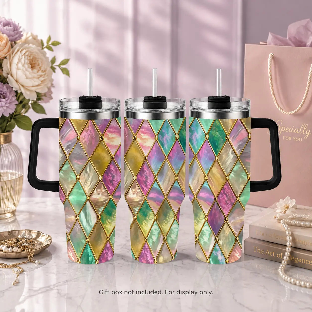 Pastel Iridescent Stained Glass Diamond Tumbler,Vacuum Insulated Stainless Steel Travel 40oz Cup,Multicolor Marble Mosaic Print Drinkware,Gold Trim Geometric Rhombus Pattern Tumbler,Glossy Rainbow Pearl Color Beverage Vessel