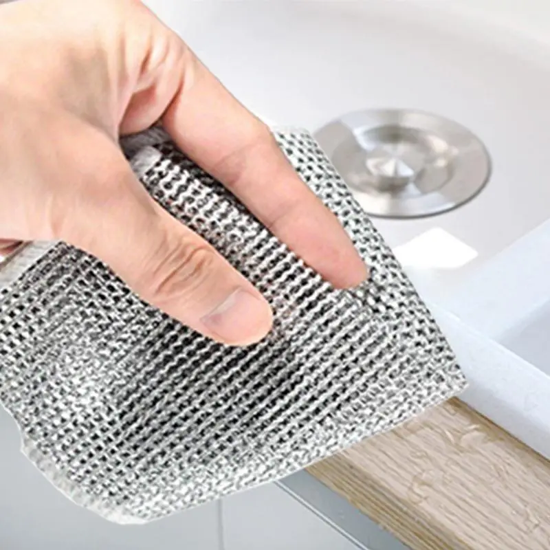 Reusable Non-Scratch Wire Cleaning Cloths, Wet & Dry Multipurpose Dish Rags, Silver Washable Removable Wire Cloths for Kitchen Sinks, Pots and Pans