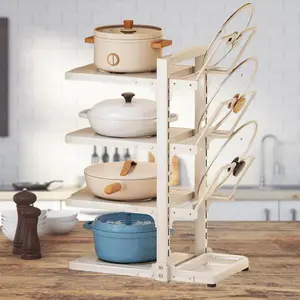 Multifunctional Adjustable Pot and Pan Organizer Rack, Floor Standing Pot Rack for Cabinet, Pot Lid Holders with Drain Tray, Carbon Steel Cast Iron Pot Rack