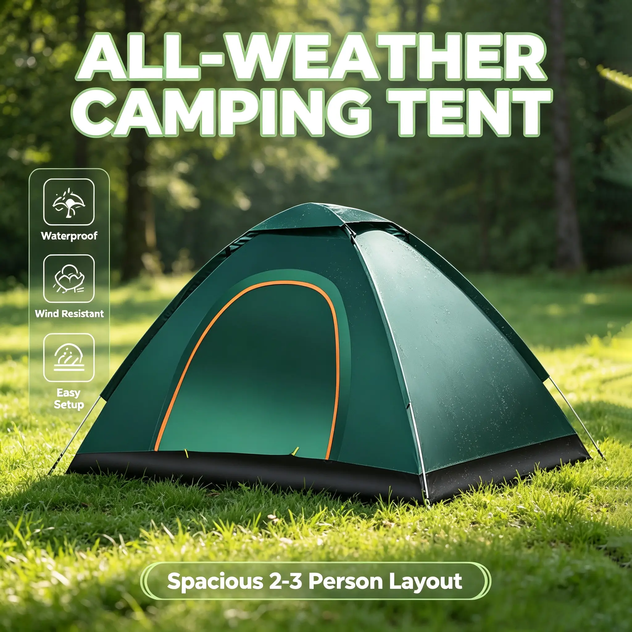 2-Person Pop Up Camping Tent, Waterproof Lightweight Outdoor Backpacking Tent for Beach, Hiking & Travel  (dark green color). Double-person tent. camp setup bed enthusiast fun shelter