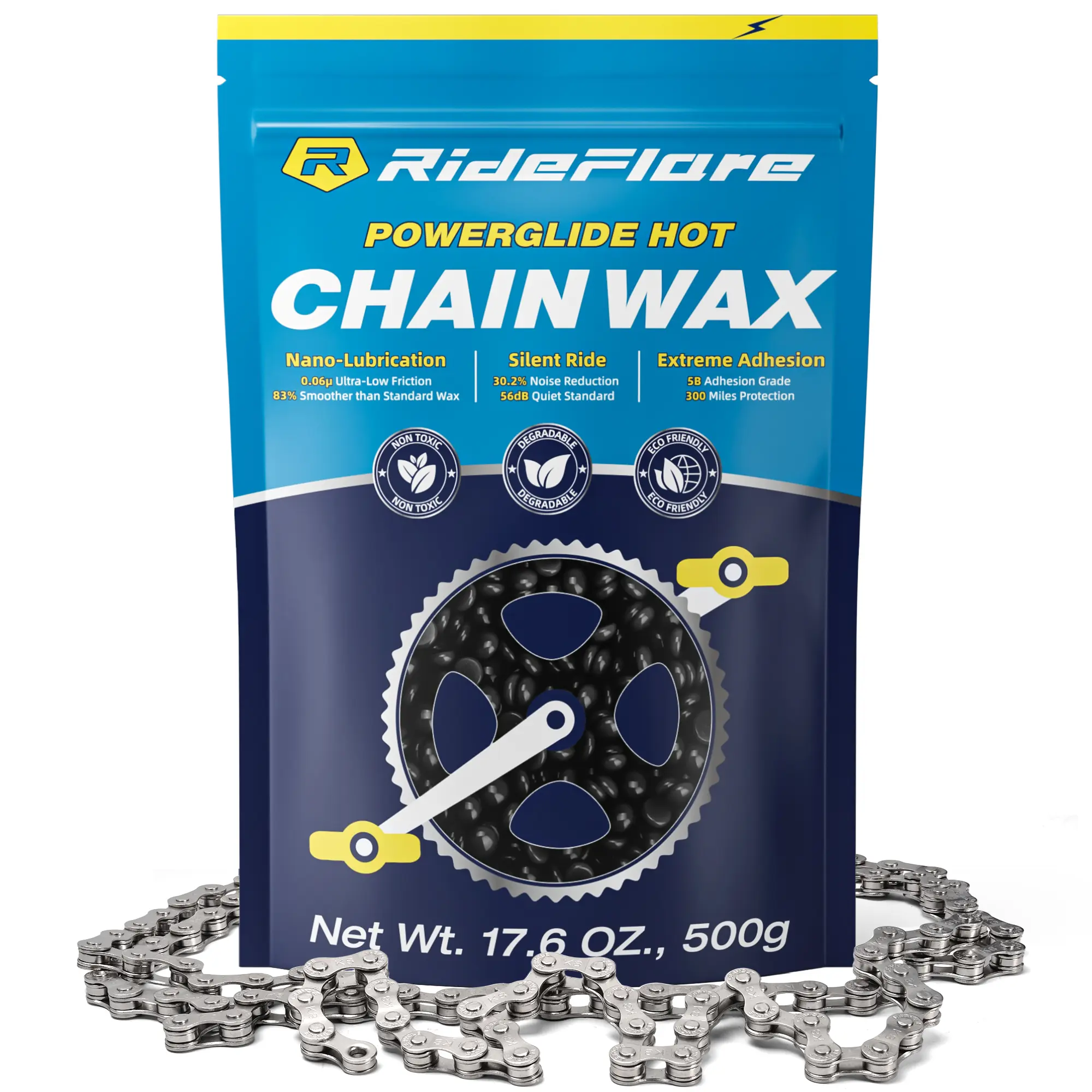 RideFlare Bike Chain Paraffin Wax (500g/17.6 oz) - Hot Melt Eco-Friendly Bike Tools & Equipment, Low Friction, Clean Chain, Superior Drivetrain Care for Adults, Cycling Gear, Chain Wax