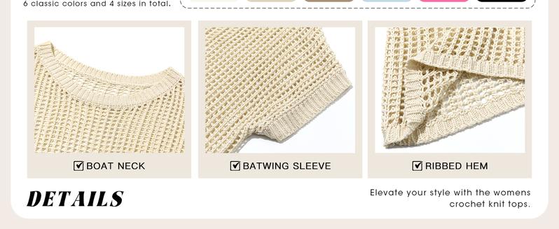 Imily Bela Crochet Sweater Tops Batwing Short Sleeve Oversized Boat Neck Boho Knit Summer Beach Cover Ups