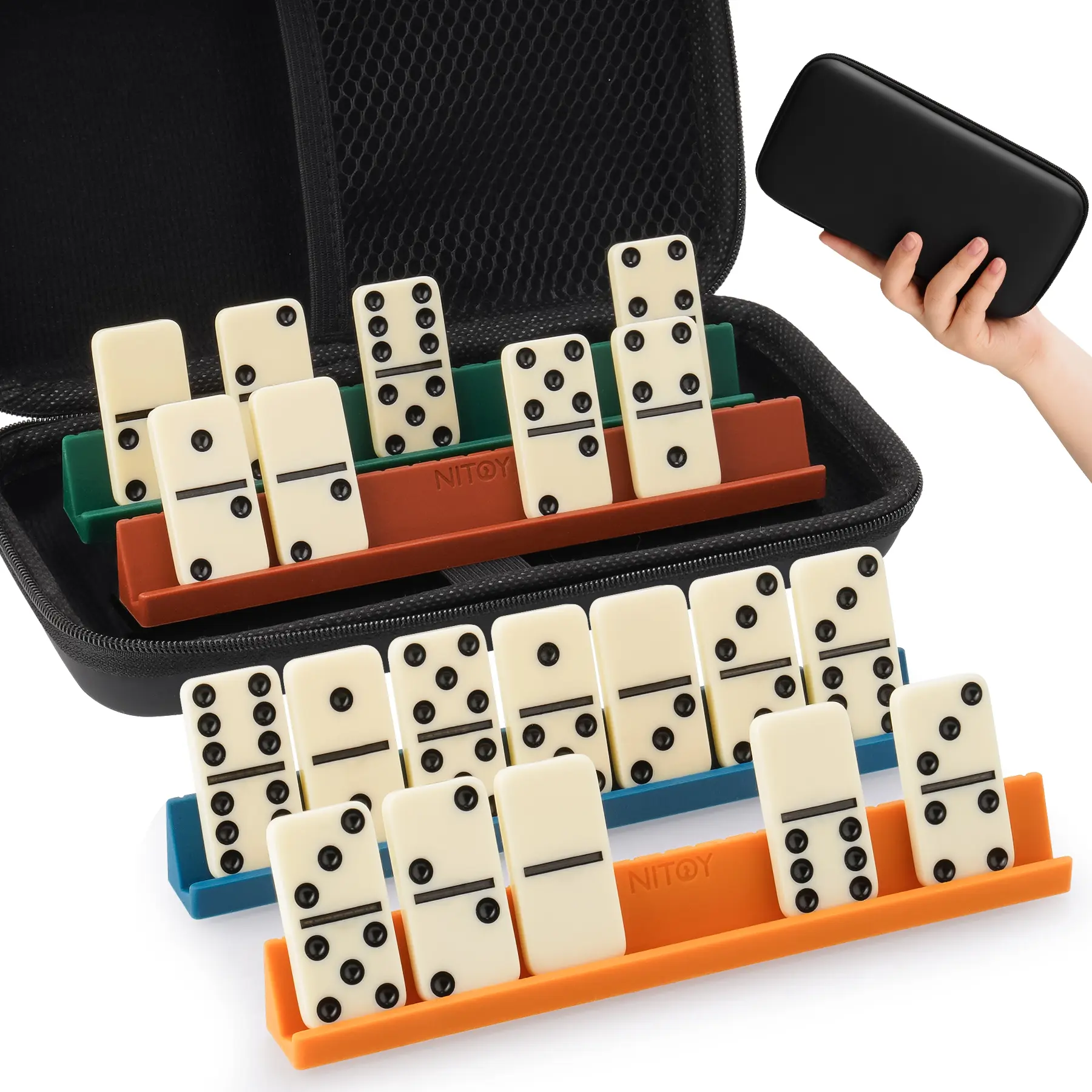 Double 6 Compact Dominoes Game Kit for 14+ Years, 28 Tiles (1.6x0.8x0.2 Inches, 0.2" Thick Tiles), 4 Silicone Racks, Portable Case, Family Fun Board Game for Adults