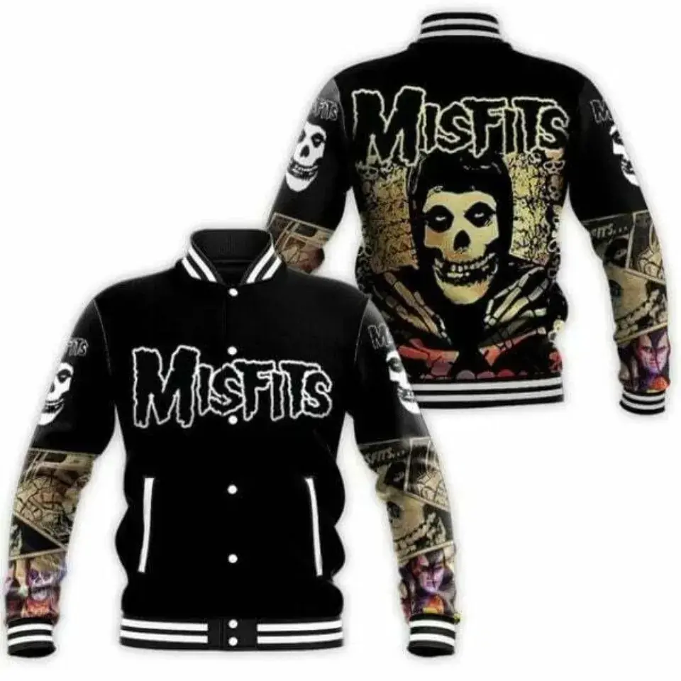 Edgy Varsity Jacket Baseball Jacket Misfits Punk Rock Band Fiend Skull Graphic Vintage Comic Book Sleeve Art Loose Fit Sporty Casual Outerwear Spring Fall Winter Outfit Fashion Top