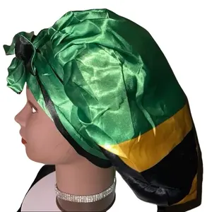 Jamaican Flag Bonnet Adults Kids Silk Satin Hair Bonnet With Long Lace Band