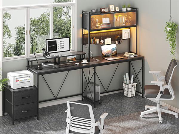 Kepptory L Shaped Gaming Desk, Home Office Computer Desk with Raised Display Stand, 2 Drawers and Glass Cabinets with LED Lights, Corner Desk with Storage Shelves, Power Outlet, Black