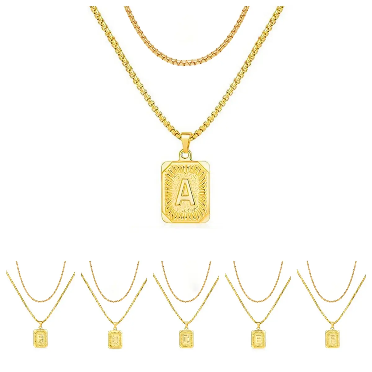 LN001:Initial A Z Letter Pendant Necklace Mens Womens Capital Letter Yellow Gold Plated Stainless Steel Box Chain