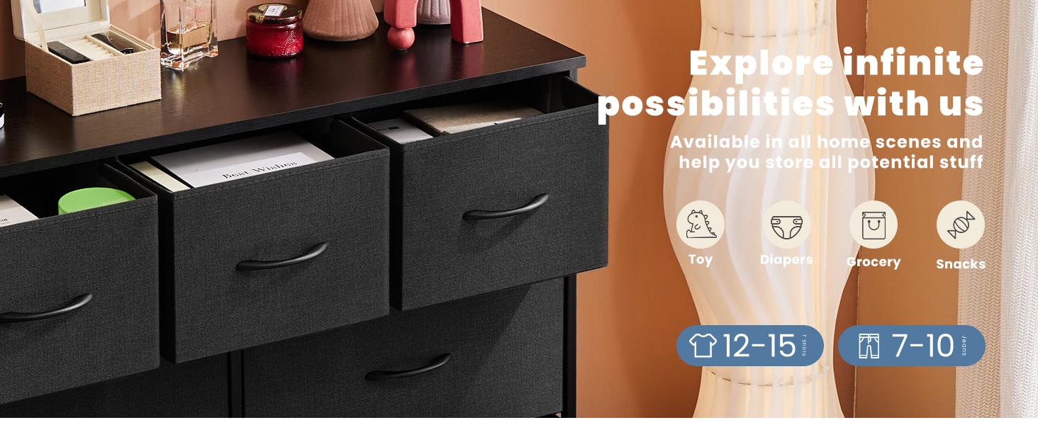 SweetFurniture Organizer Storage, Chest Fabric Bins, Long Dresser with Wood Top for Bedroom, Closet, Entryway, 7-Drawers dressers