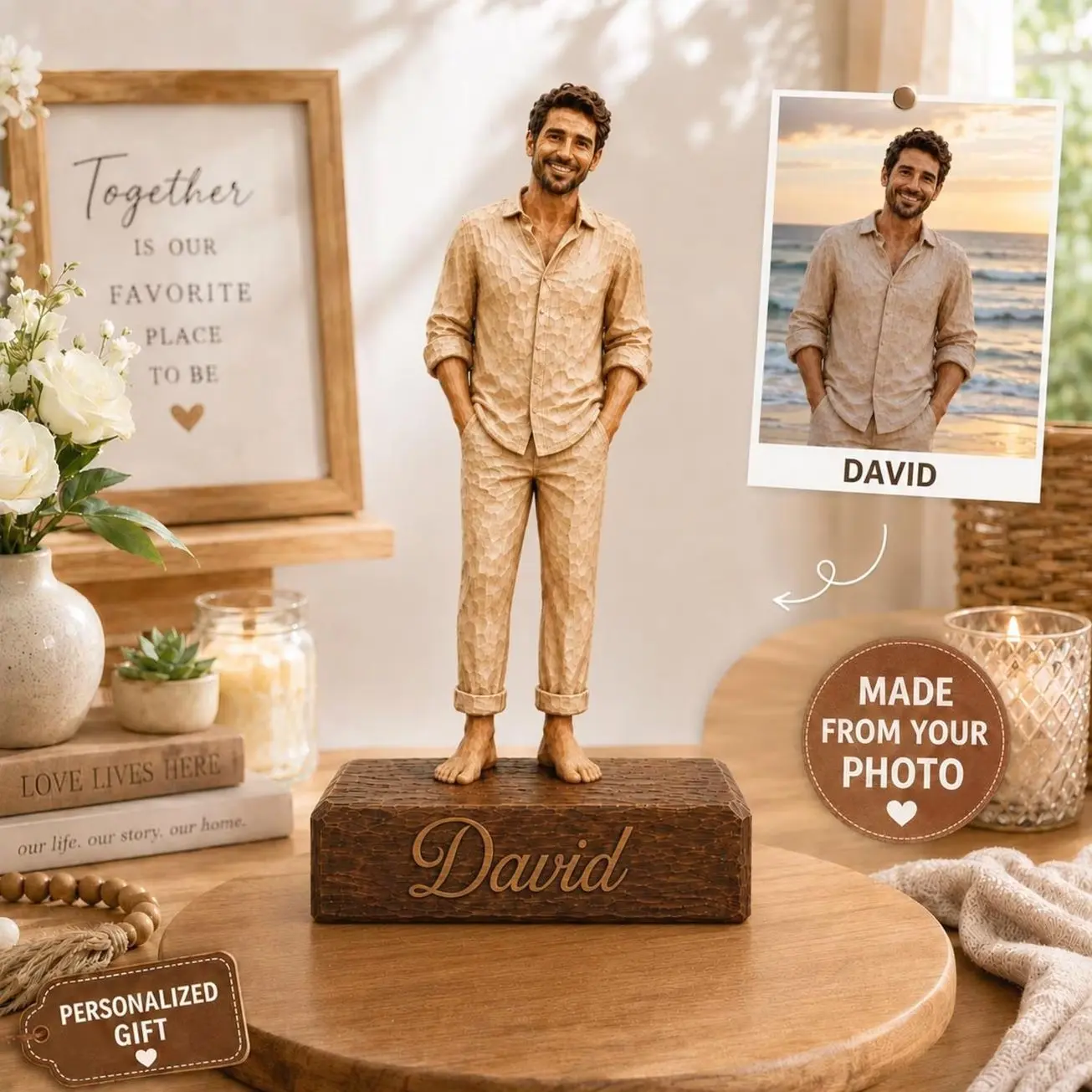 Personalized Custom Photo Figurine, Wooden Family Portrait Statue, Custom Couple Photo Gift, Anniversary Gift For Parents, Wedding Keepsake
