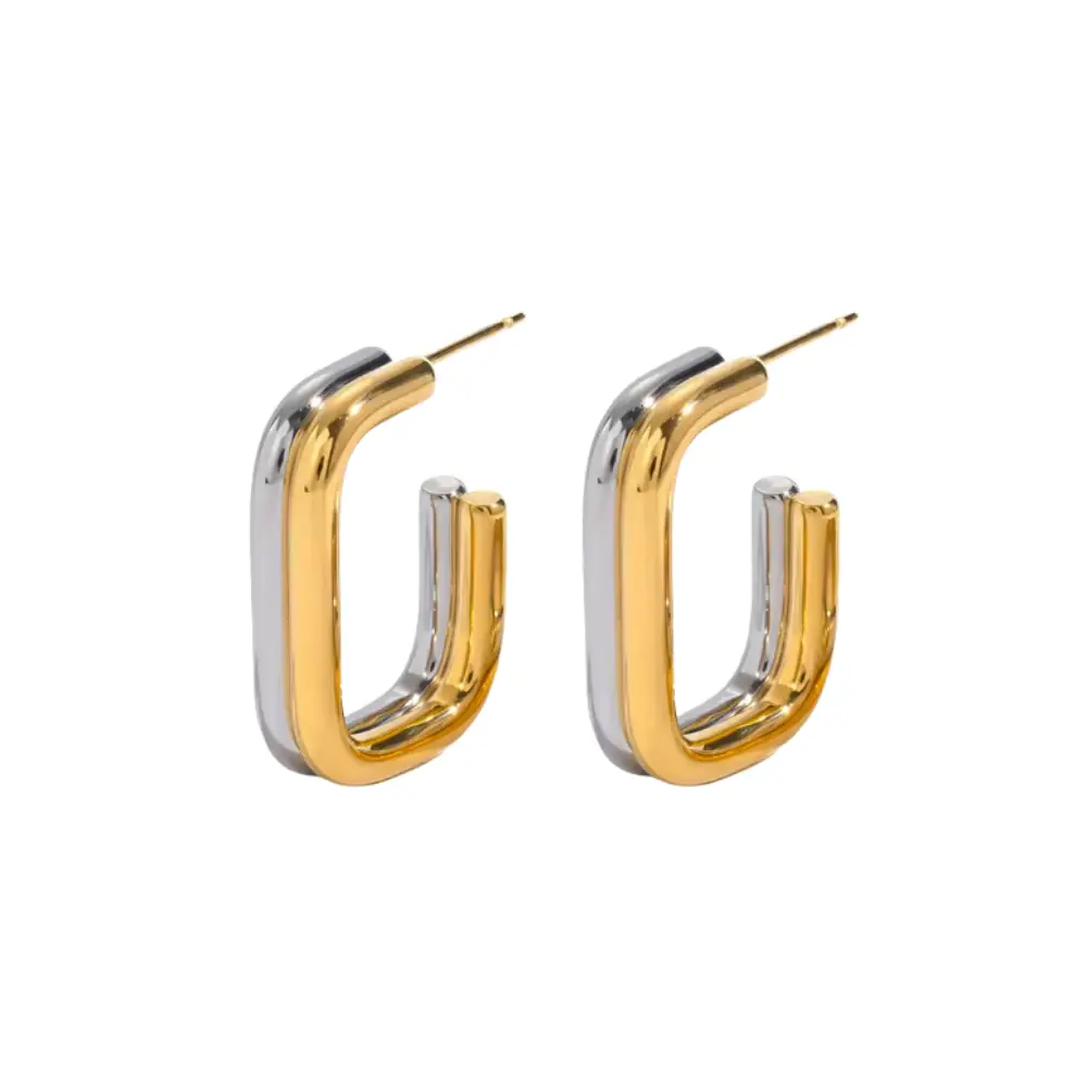 Two Tone Rectangular Double Hoop Earrings - Pair - Stainless Steel