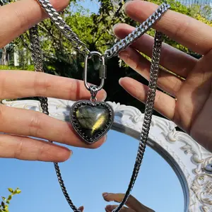 Personalized Cuban Paper Clip Thick Silver Color Chain Necklace Elegant Crystal Necklace with Fluorite Labradorite Amethyst Rose Quartz Obsidian for Everyday Wear or Perfect Gift Stainless Steel 20'’