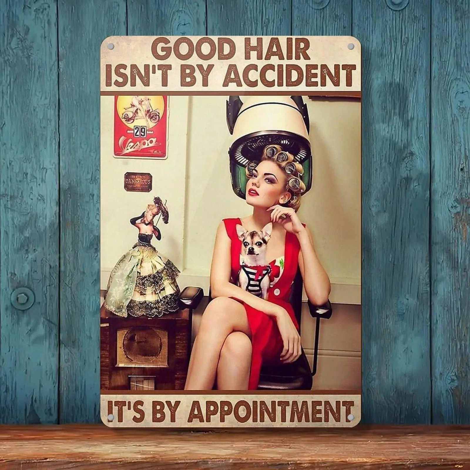 Retro Vintage Salon Iron Wall Sign, "Good Hair Isn't By Accident It's By Appointment" Lady Chihuahua Design, 8x12in Hairstylist Room Salon Decor Home Supplies Plaque