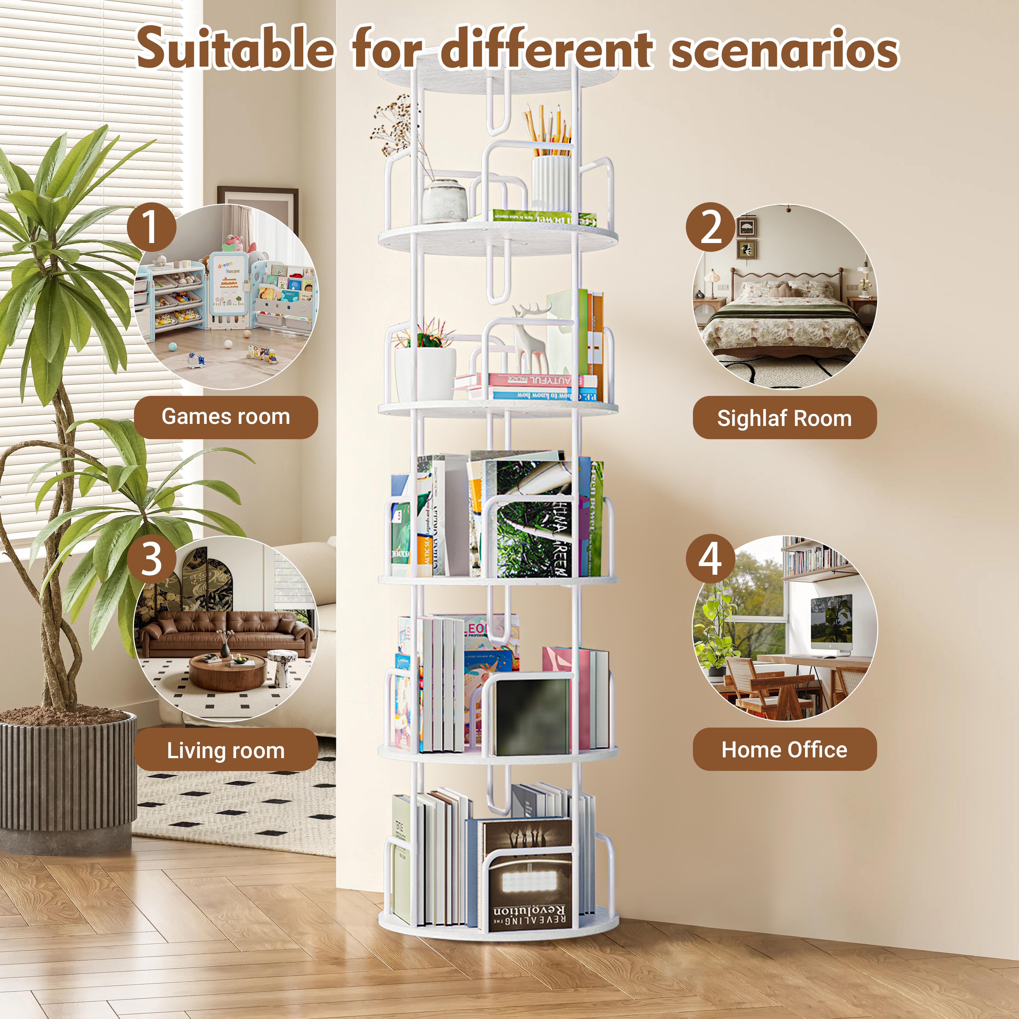5 Tier Rotating Bookshelf, 360 ° Display Stackable Spinning Bookshelf Tower, Corner Bookshelf Tall Floor Standing Swivel Bookcase Narrow Storage Organizer for Bedroom, Living Room