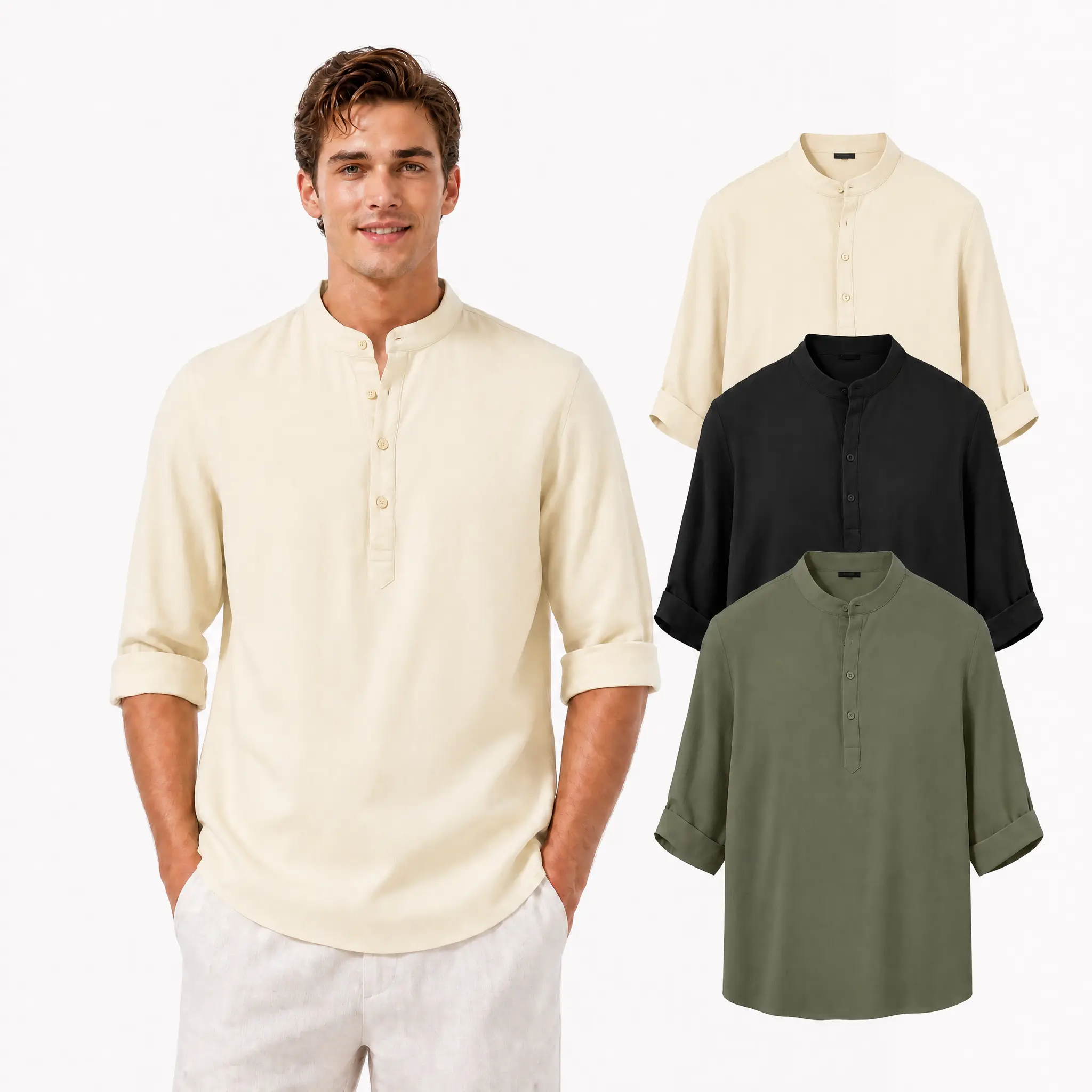 Gihuo Mens 3PCS Linen Blend Shirts Cotton Henley T-Shirt 3/4 Sleeve Summer Beach Tops Casual Menswear Wetsuit Beige Wetsuit Fashion Formal Plain tees tshirts outfit