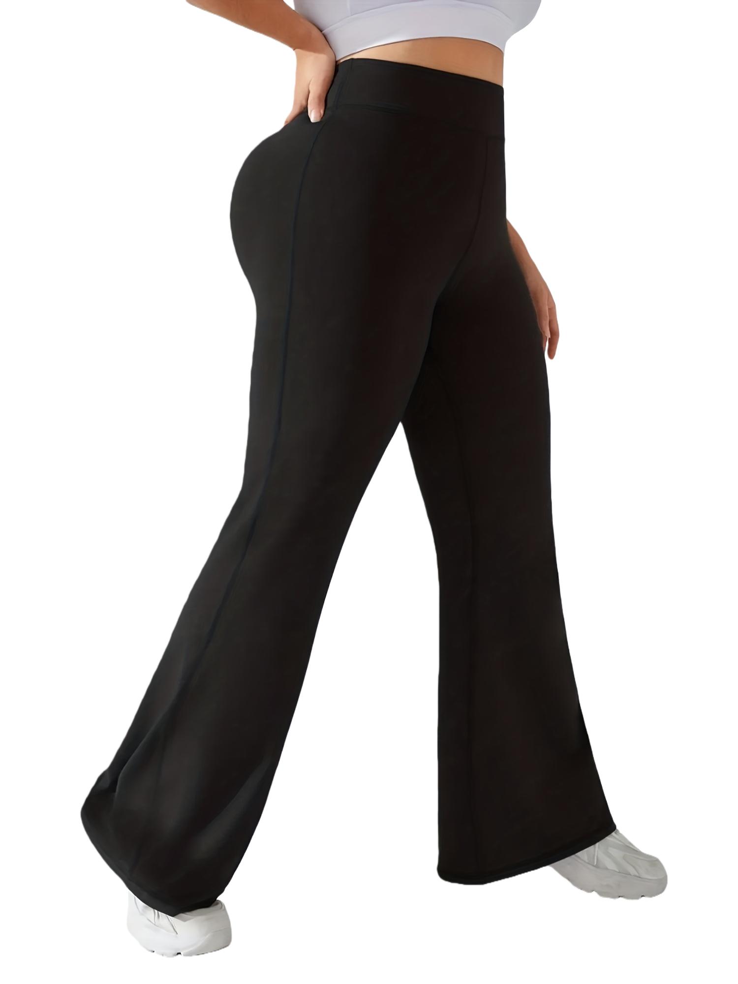 1-Pack Black Plus Size High-Waisted Flare Pants, Tummy Control Stretch Wide-Leg Bell-Bottoms with Pockets, Stretch Pockets Casual Formal All-Season Wear, Wide-Leg Flare,  High-Waisted Tummy Contro