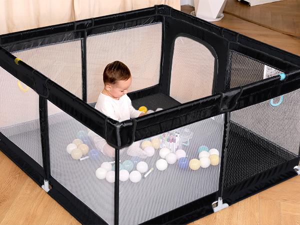 dearlomum 50" x 50"/ 71" x 59"Extra Large Baby Playpen for Babies and Toddlers, Safe Activity Center with Soft Play Fence, Indoor Safety Yard, Easy to Assemble and Clean，Noneremovable waterproof thick mat (Black/Gray)