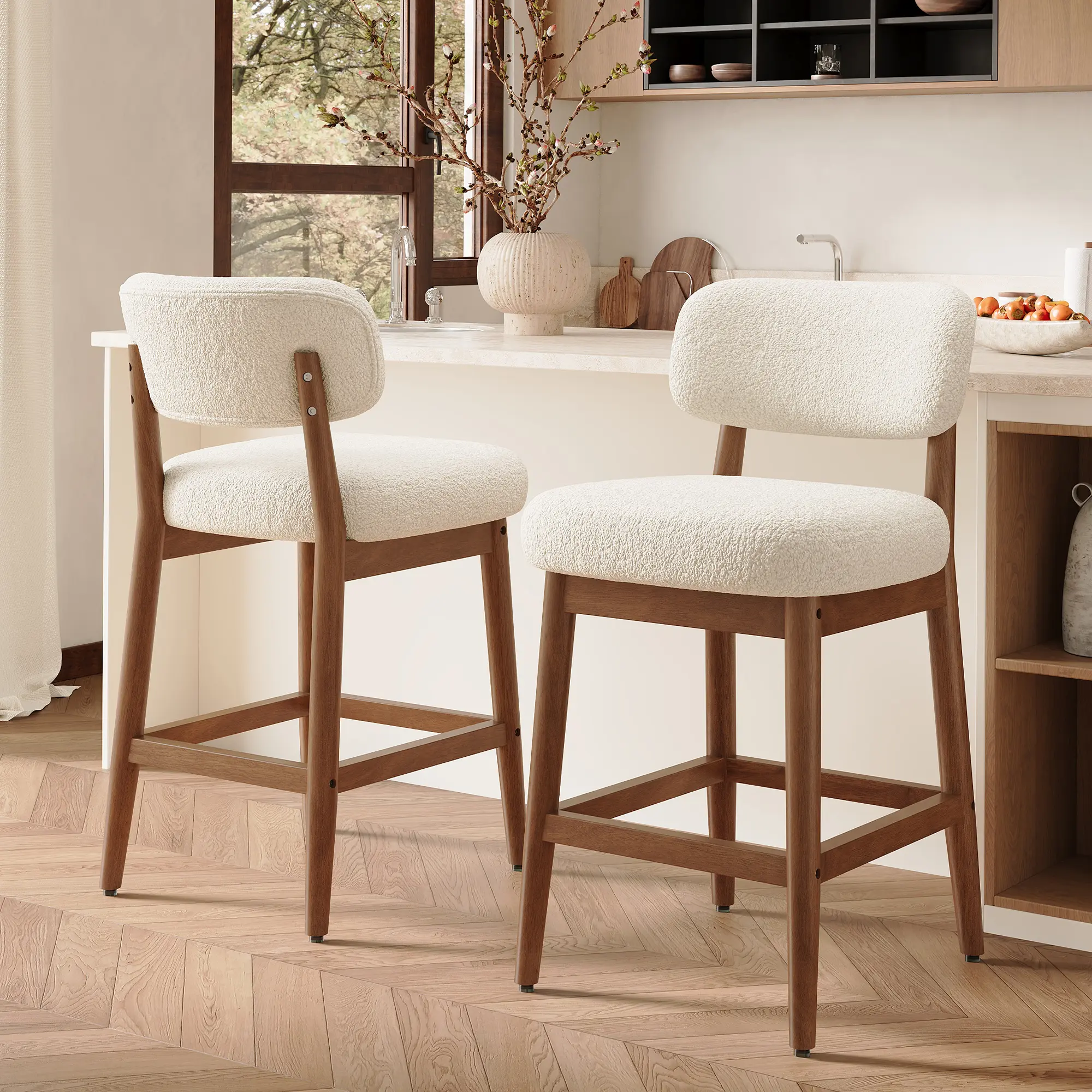 Counter Height Bar Stools Set of 2/4, Mid-Century Modern Boucle Bar Chairs with Solid Wood Frame, Upholstered Stools with Backrest for Kitchen Island, Home Bar