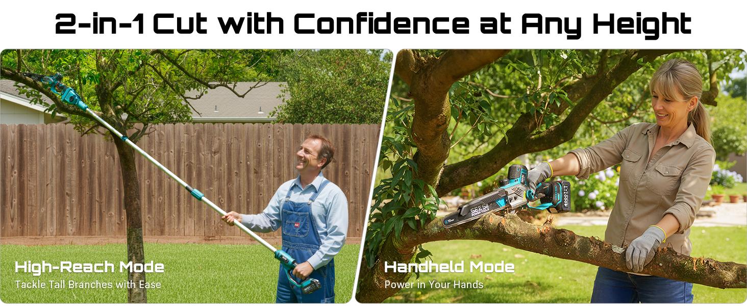 SEESII (10/8/6)-Inch 2-in-1 Cordless Pole Saw & Mini Chainsaw, 900W Brushless Motor & 2 x 2/4.0Ah 21V Batteries, 16Ft Max Reach & 14 Piece Kit for Tree Trimming CHT11