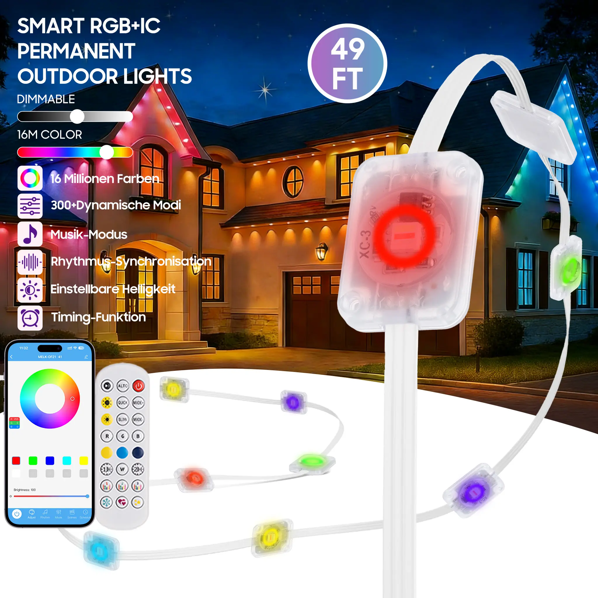 Permanent RGB+IC Smart Outdoor House Lights, 49 ft Adjustable LEDs, Bright LED, App+Remote Control, Dimmable, Color Changing, 50 Scene Modes, Anti-UV Materials, IP67/IP68, Wall Hanging, Music Sync, Festive Christmas Decor