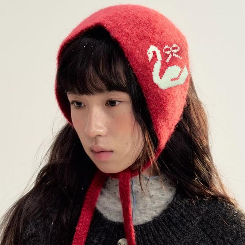 【Best Christmas gift】Cubidupi ​Little Red Riding Hood Style Swan Bonnet 3PCS Adorable Swan Knit Bonnet  Adjustable Ear Flap Hat with Tie Closure Cute Winter Headwear for Girls