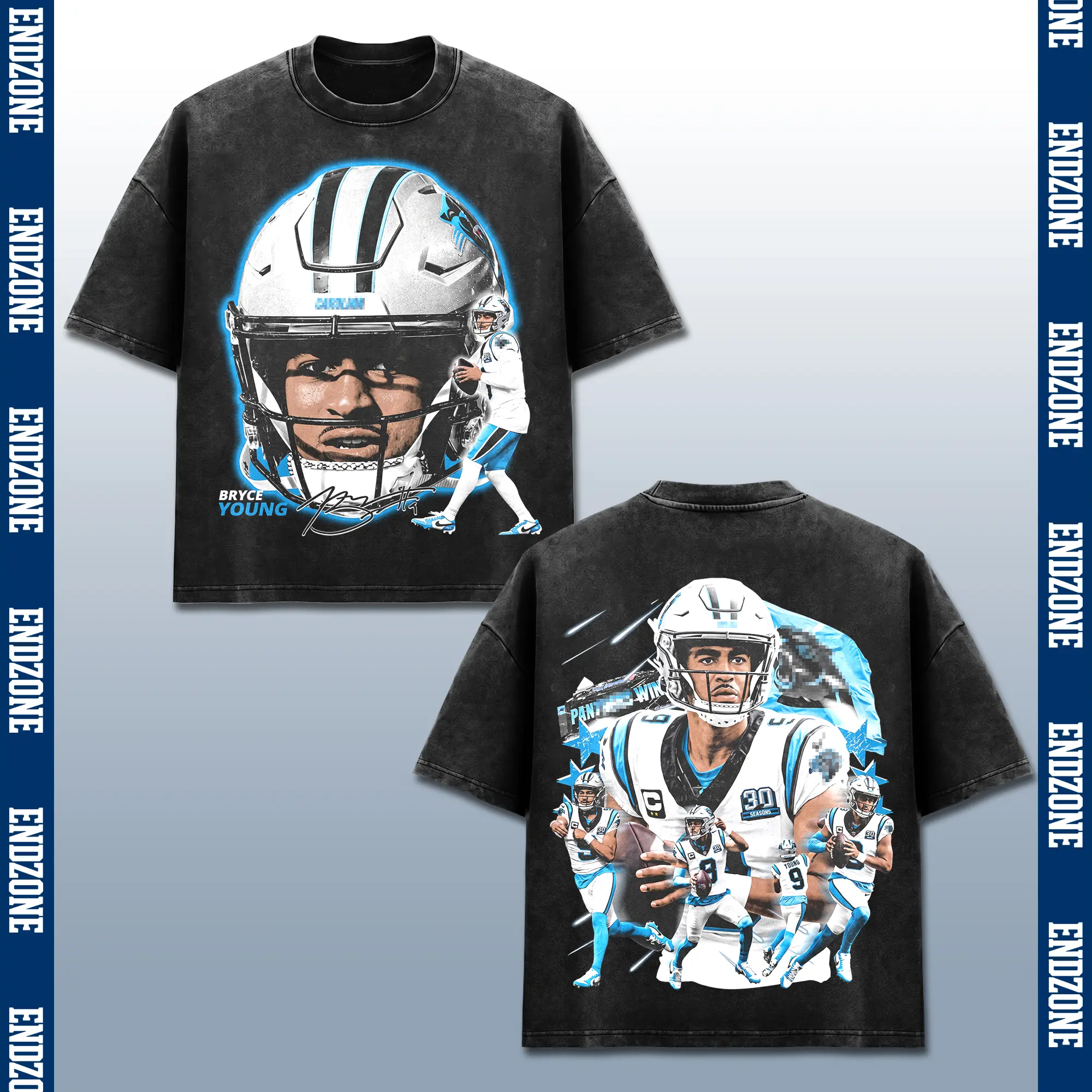 [Endzone] Bryce Young T-Shirt, BY9 Panther QB Graphic Tee, Young Autograph Helmet Graphic Shirt, Heavyweight Vintage Acid Washed Black Top, American Football Season 2026 Game Day Apparel, Unisex Casual Streetwear Clothes
