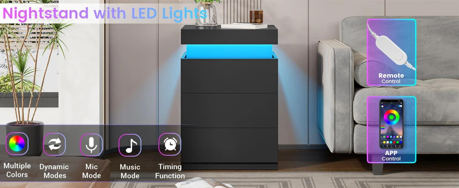 Sikaic Nightstand with LED Lights Charging Station Modern Bedside Table with 3 Storage Drawers and Top Sliding Drawer