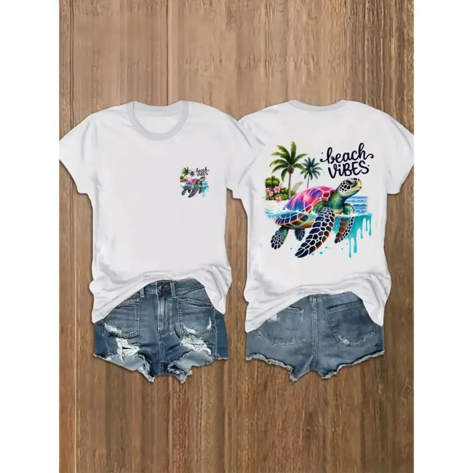 Women's Sea Turtle Graphic Top, Cute Coastal Lady's Short-Sleeve Crewneck Tee, Soft Trendy Summer Vacation Casual Shirts for Women, Sports & Outdoor Outfit