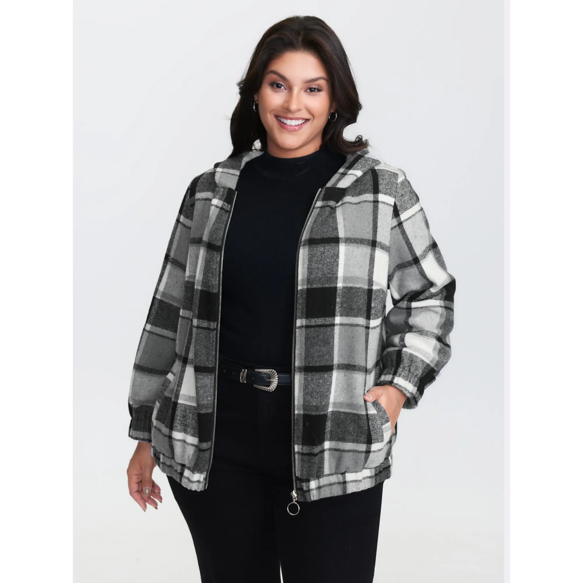 BloomChic Plaid Print Lined Faux Fur Zipper Jacket 【M-6XL】 BloomChic Plaid Print Lined Faux Fur Zipper Jacket 【M-6XL】