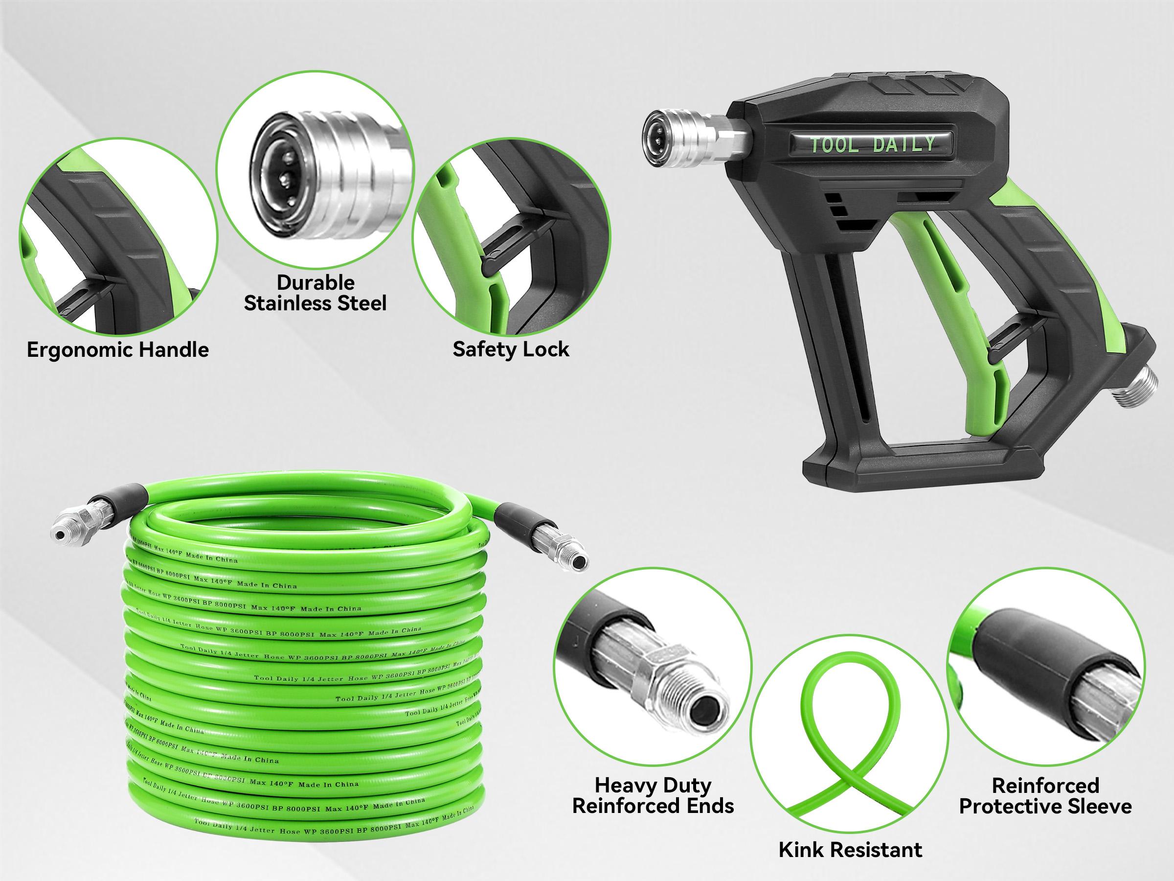Tool Daily Sewer Jetter Kit for Pressure Washer 50 FT, Short Power Washer Wand, Drain Cleaner Hose 1/4 Inch NPT, Corner, Rotating and Button Nose Sewer Jet Nozzle, 3600 PSI