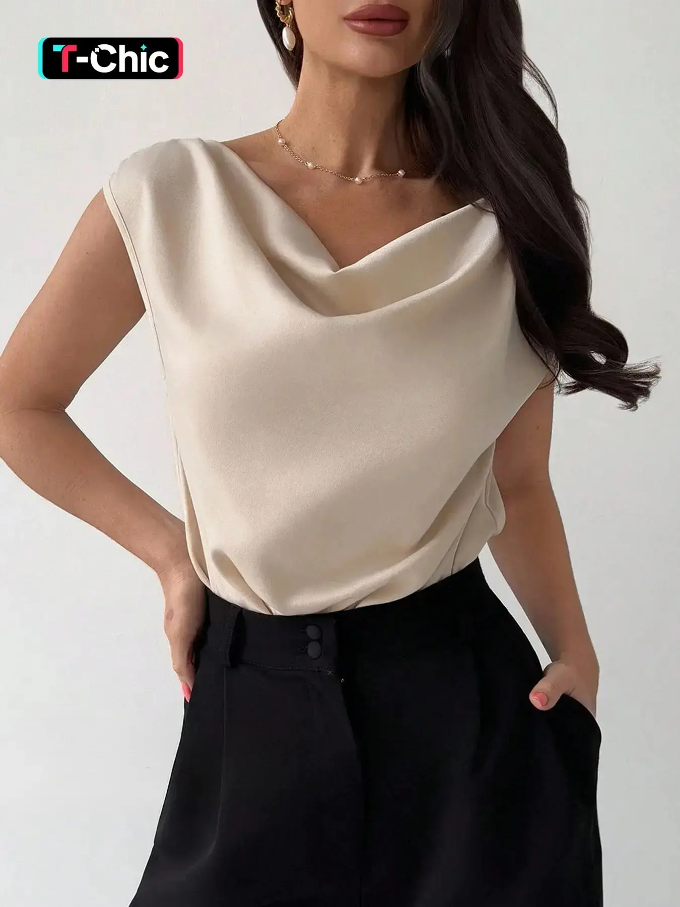 Women's Cowl Neck Cap Sleeve Bodysuit Top, Womenswear, Satin-Finish Woven Fabric, Flowy, Boat Neck Back, Crotch Snap Closure, Daily Casual Chic Office Commute Date Evening Party Wear, Wrinkle-Resistant Non-Shifting Draped Breathable, Knit