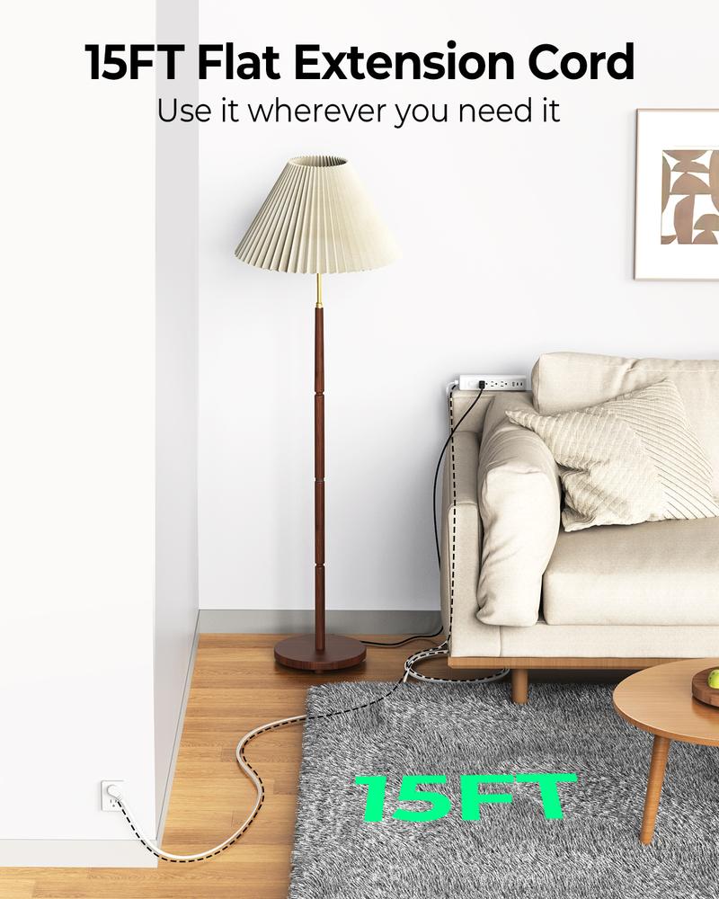 ORICO PW-3A1U2C 25FT Flat Extension Cord, 6-in-1 Power Strip with 3 AC Outlets, 1 USB-A & 2 USB-C Ports, Multiple Protection, Compact for Home & Office-PW