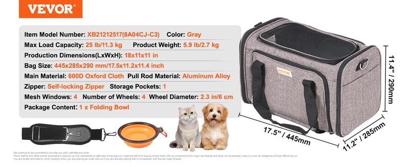 VEVOR Cat Carrier with Wheels, TikTokShopBlackFriday, Airline Approved Rolling Pet Carrier with Telescopic Handle and Shoulder Strap, Dog Carrier with Wheels for Pets, with 1 Folding Bowl