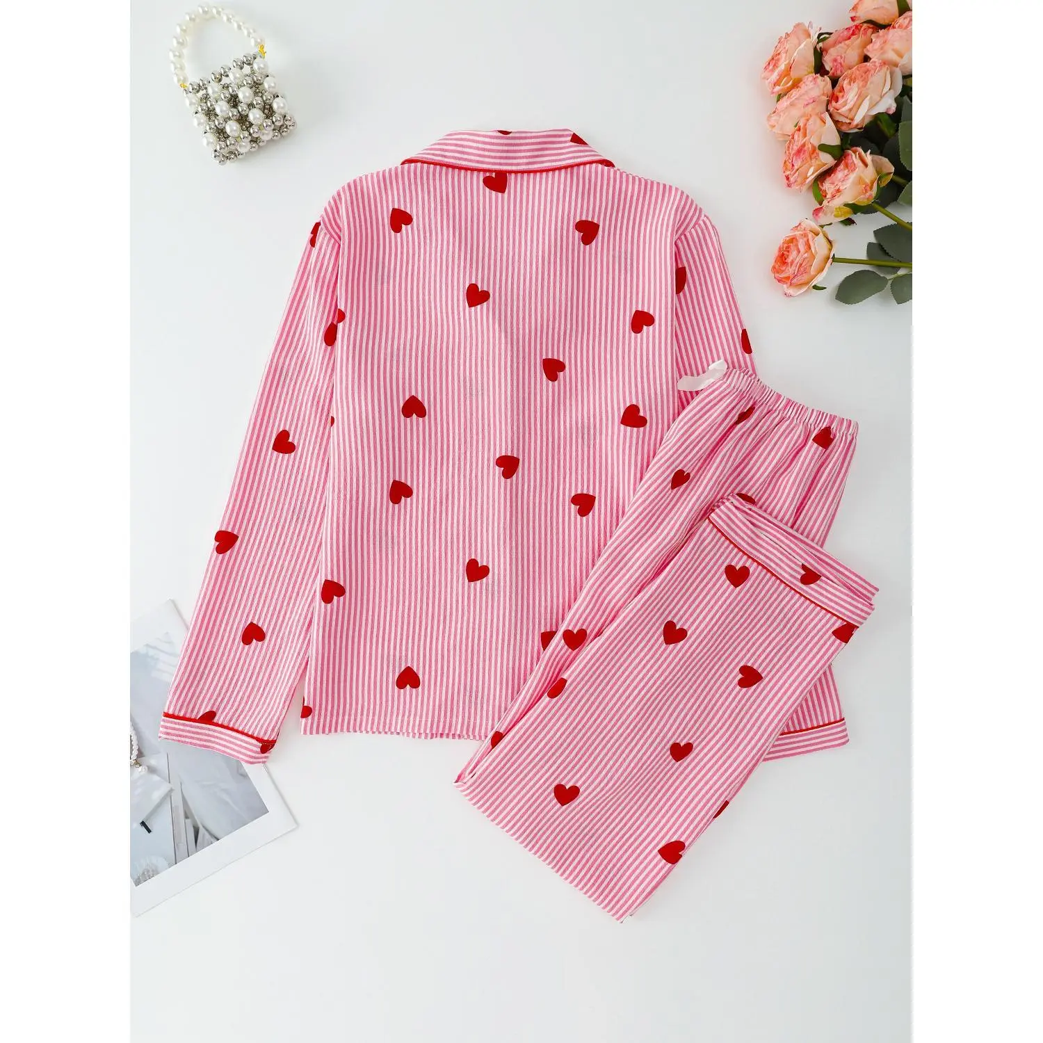 Red Striped Heart Long Sleeve Long Pants Women's Pajamas Spring/Autumn Elegant Comfortable Outerwear Loungewear
