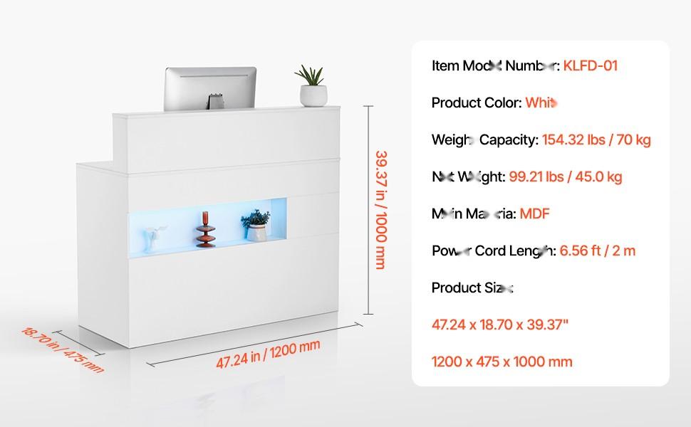 47-Inch Rectangular Reception Desk With LED Lighting, Front Counter Table, Office Welcome Desk With Two Drawers, Built-In Power Outlets And Cable Management, Ideal For Checkout, Lobby, Beauty Salon, Clinic Or Office, White
