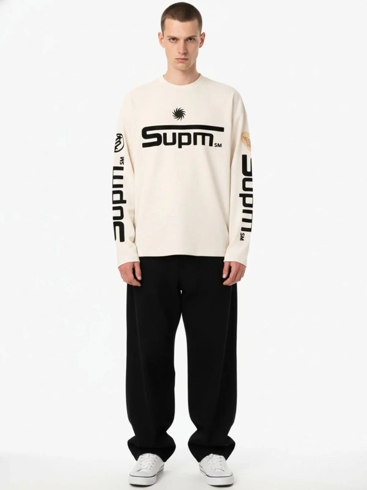 Thesupermade Textured Waffle SUPM Letter Graphic Long Sleeve T-Shirt