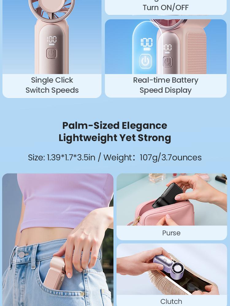 GAIATOP Super Mini Handheld Fan, Small Purse Fan for Women, Pocket Fan, Makeup Fan, High-Speed Turbo, 6-Gear Adjustable with LED Display, USB Rechargeable, Portable Fan for Travel, Outdoor, Girls   Valentine's Day gift