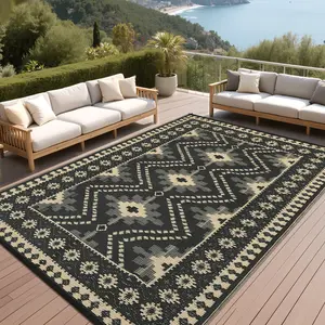 Bohemian Style Outdoor Rug Double-Sided Reversible Plastic Grass Rug with Bohemian Leaf Pattern - Foldable Garden Decorative Rug for Backyard Balcony Beach Picnic Camping RV carpet