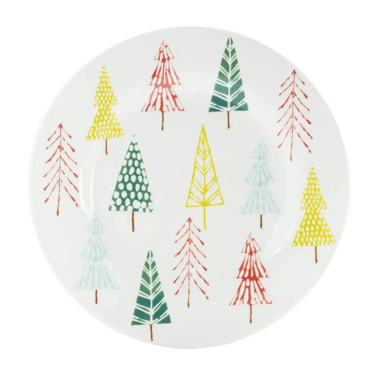 Melrose 95492DS 8 in. Modern Ceramic Serving Plates, White-Green-Red Festive Pine Tree Print - Set of 4 for Christmas Eve Holiday Use