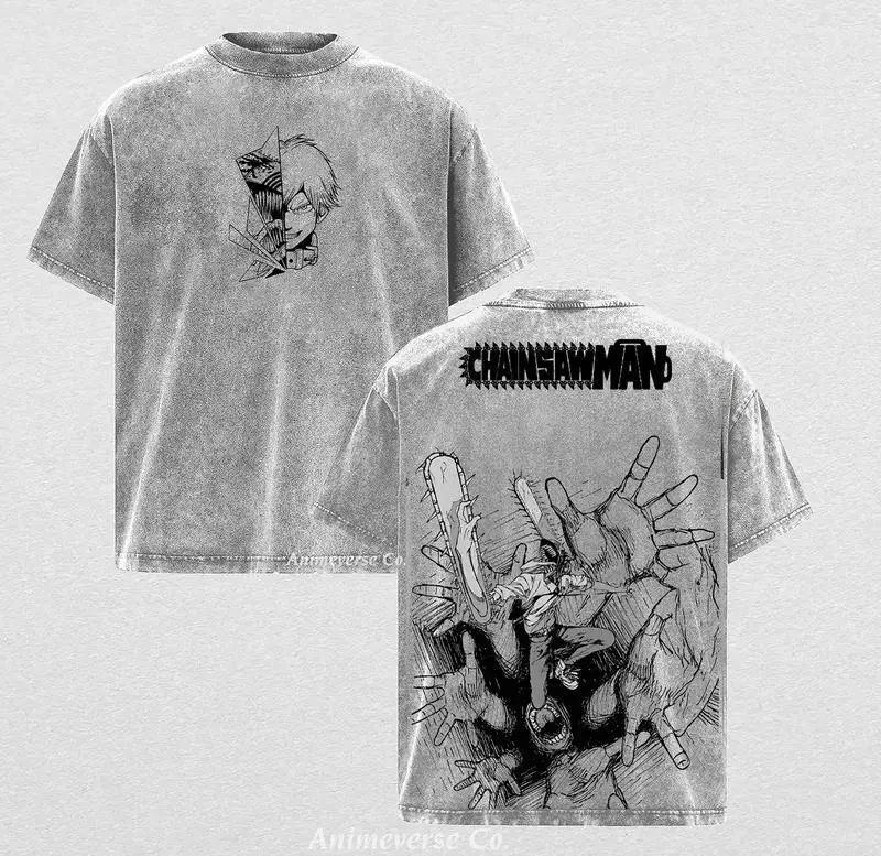 Denji Pochita Chainsaw Man Anime Clothing Men Women T-shirts Vintage Washed T Shirt Oversized Cotton Tshirt Harajuku Casual Tops