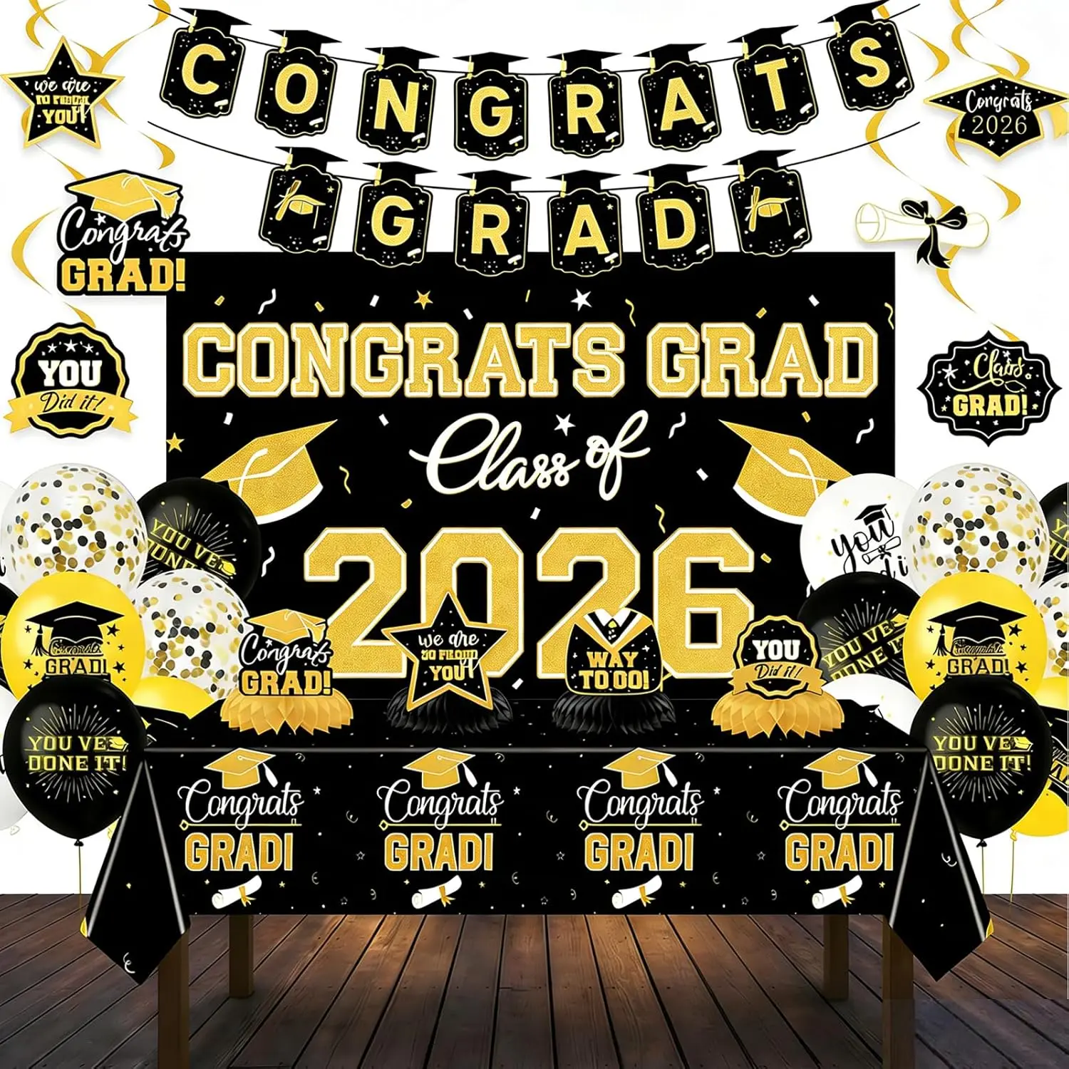 2026 Graduation Party Supplies Kit - Sturdy Durable Black and Gold Synthetic Decor Set with Easy-Install Photo Backdrop, Banner, Tablecloth, Centerpieces, Balloons, Congrats Grad Message for High School Celebrations