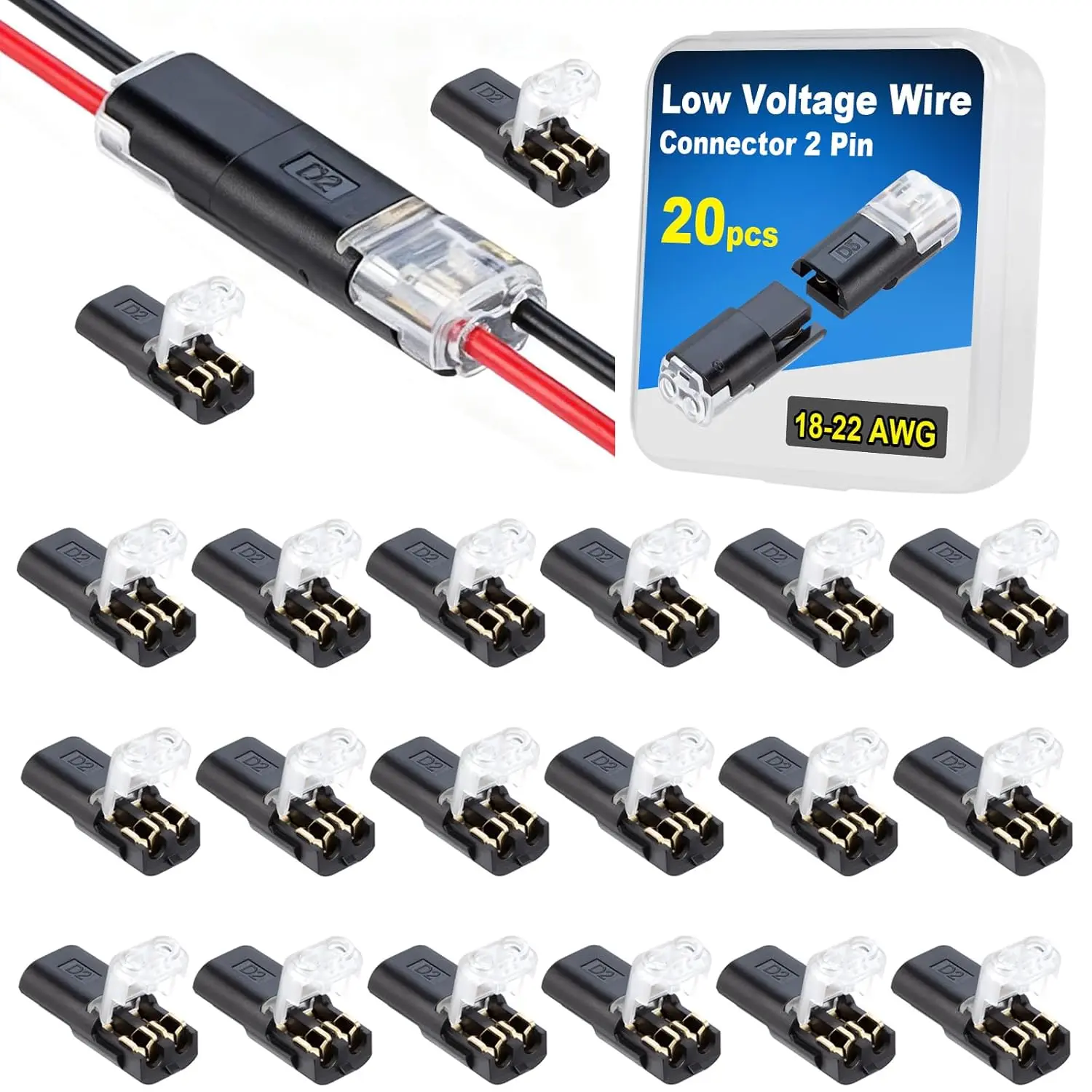 20PCS Polycarbonate Double Wire Lock-Grip Plastic Cable Connector - 2-Pin Lighting Accessory for Lighting, Car Accessories, Audio, Copper Flexible & Rigid Wires, No Stripping/Cutting, Minimal Voltage Loss, Thermal Stability, Wear-Resistant