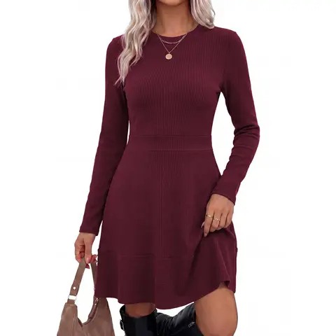【GRACE KARIN】Women's Western Dresses Casual Long-Sleeve Ribbed Knit Mini Dress - Stretch Fabric, Cozy, Lightweight, Tiered Hem, Pocket Detail, Boots Pairing