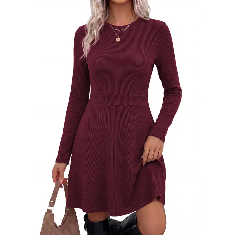 【GRACE KARIN】Women's Western Dresses Casual Long-Sleeve Ribbed Knit Mini Dress - Stretch Fabric, Cozy, Lightweight, Tiered Hem, Pocket Detail, Boots Pairing