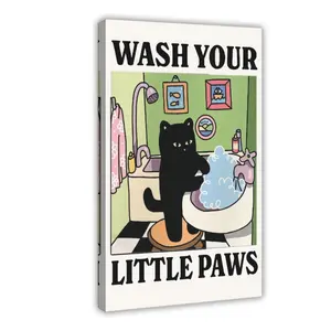 Wash Your Paws Green Cat Print, Cute Bathroom Poster, Wash Room Childrens Washing Up Posters, Kawaii Prints Decor, Unique Cats Art