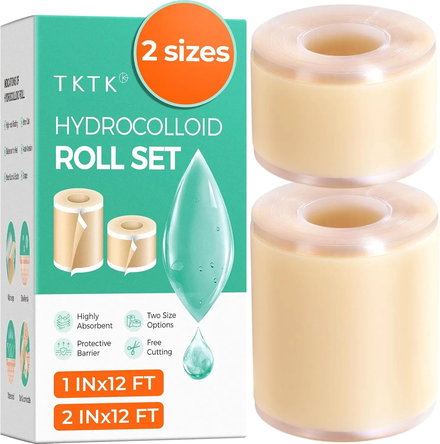 TKTK 2-Size Hydrocolloid Roll, (2in*12ft + 1in*12ft) Hydrocolloid Bandages, Hydrocolloid Patch for Acne, Wound, Burn, Blister Care, Pimple Patches with Easy-Peel Backing, Waterproof & Ultra Absorbent #Summervibes  tiktokshopbacktoschool