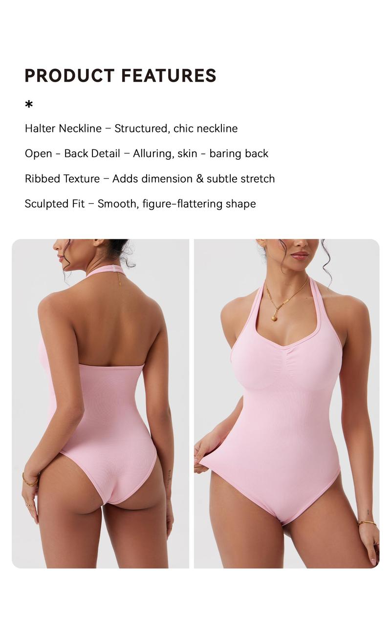 OQQfitness Womenswear Halter Neck Sexy Ribbed Backless Basic Sleeveless Cute Pleated Bodysuits Women for Gym Soft Wear Minimalist Comfortable Tops