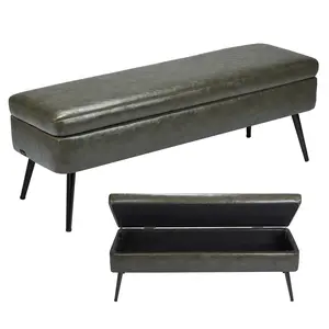 Modern Green PU Leather Storage Ottoman Bench with Metal Legs - Perfect for Entryway, Bed End, Living Room, Dining Room & Hallway
