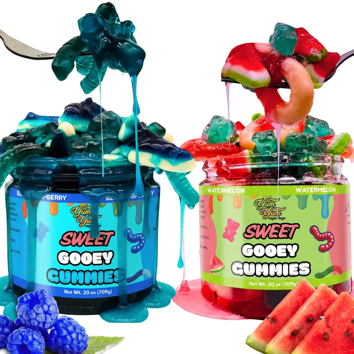 Sweet Gooey Gummies in Sweet Ooze Liquid Candy Blue Raspberry - Watermelon - Wet Snack 13-25 oz Container Chewy Gummy