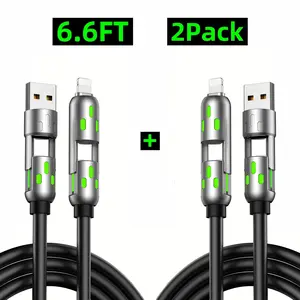 EXOVAN 6.6FT 4-in-1 USB-C Cable 2-Pack PD Fast Charging Data Sync USB-A Type-C Lightning Aluminum Compatible for Home Office